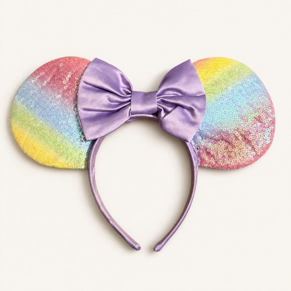 Disney Parks Pastel Rainbow Sequin Minnie Mouse Ears Lavender Bow